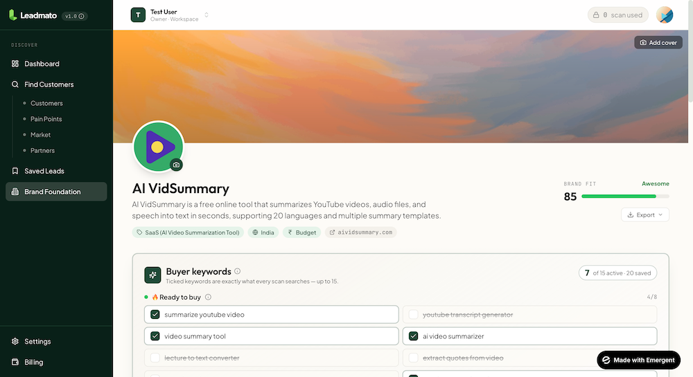 Brand foundation onboarding with AI-generated ICPs and keywords