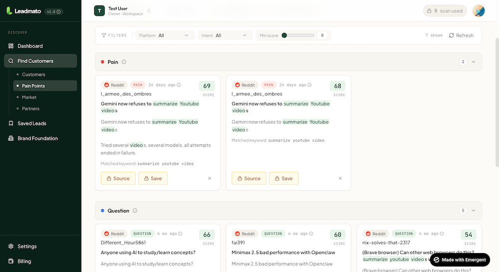 Pain Points page clustering buyer complaints into themes